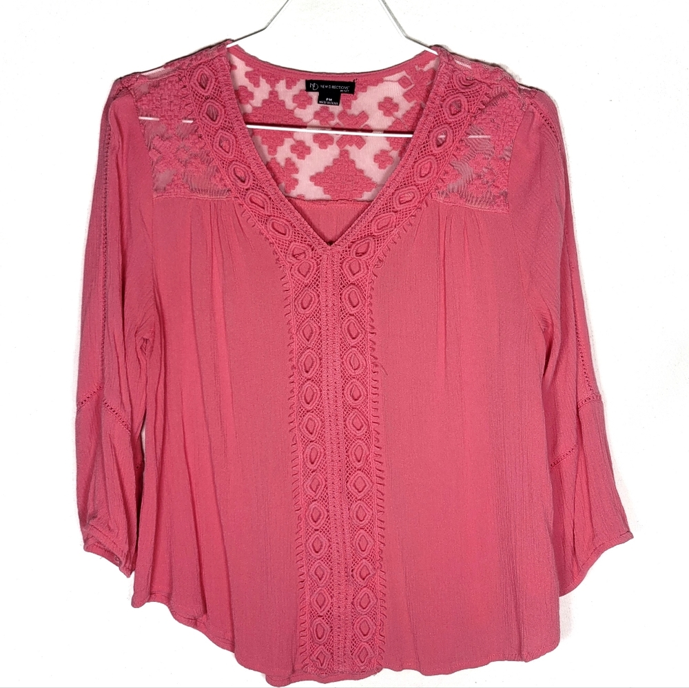 Pink vneck blouse lace back PM medium petite longsleeve